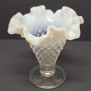 Vintage Fenton Moonstone Hobnail Clear White Opalescent Ruffled Vase MCM Cottage
